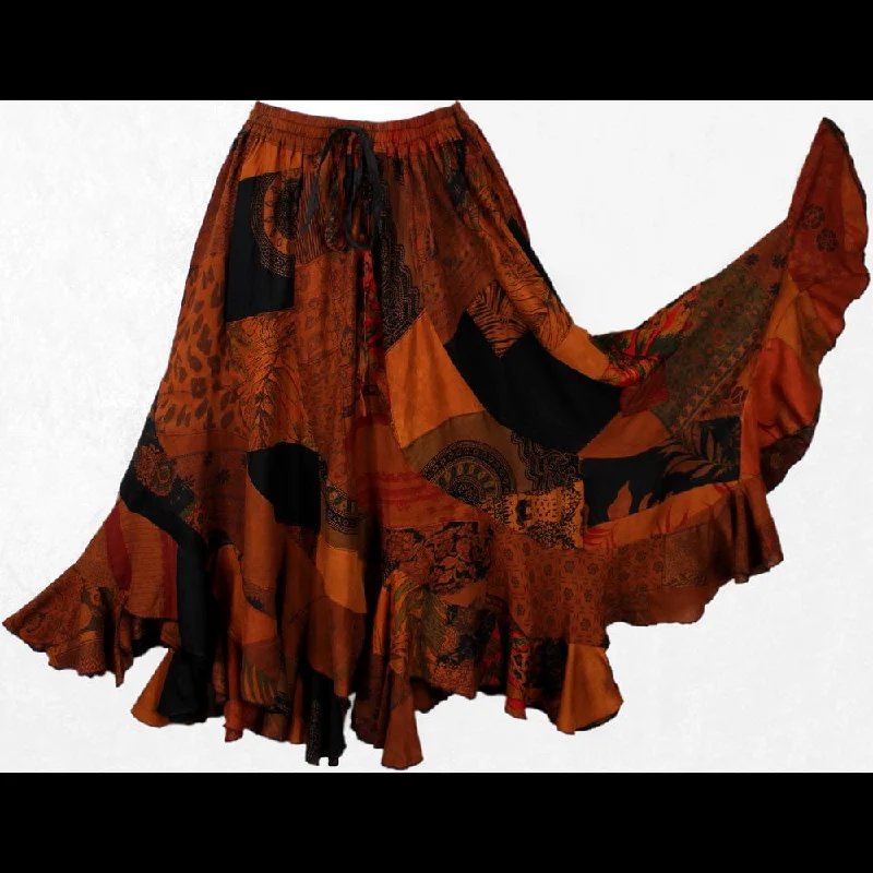 Brown Patchwork Long Swirl Skirt denim skirt durable