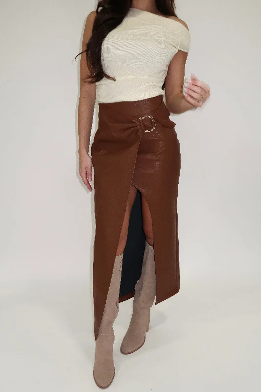 Brown Wrap Front Leather Skirt linen skirt relaxed