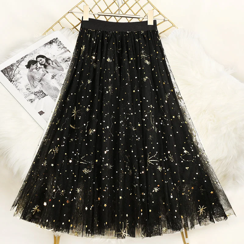 Chic Black Embroideried Sequins tulle Skirts Summer button skirt front