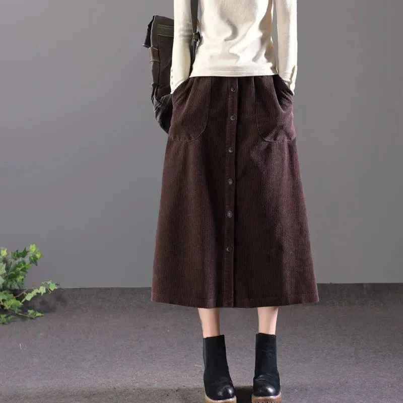 Corduroy A-line Skirt Women Loose Fall/winter Single-breasted Plus Size Skirt High-waisted Corduroy Long Skirt with Pockets leather skirt durable