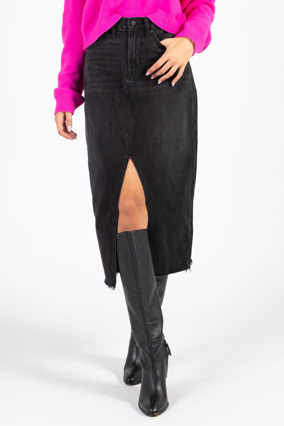 Criss Cross Black Midi Skirt denim skirt durable