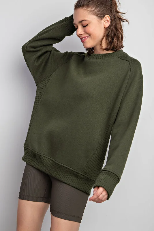 Fleece French Terry Crew Neck Sweatshirt- Army Green Hoodie with Hem Lace Feminine Delicate