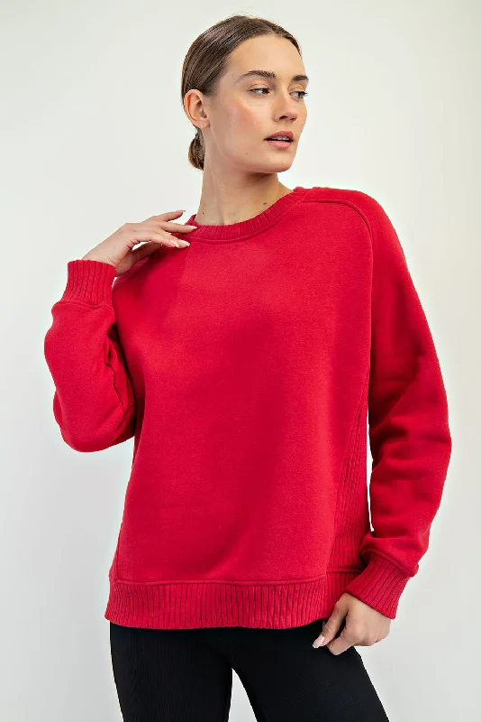 Fleece French Terry Crew Neck Sweatshirt- True Red Hoodie with Drawstring Waist Adjustable Fitted