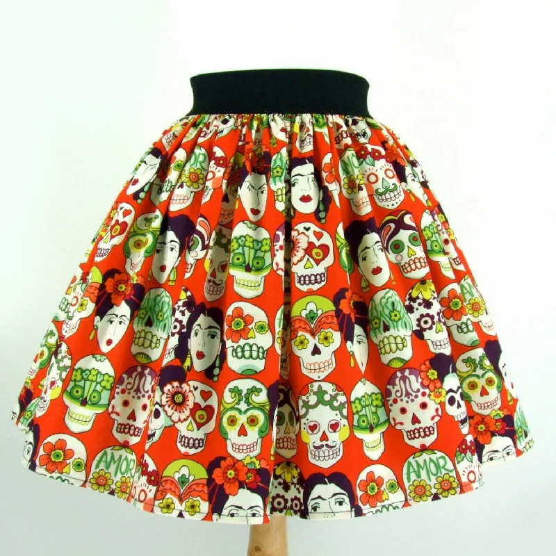"Lindy" Frida and Skulls Orange Skirt linen skirt breathable