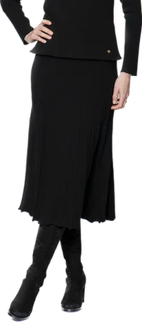 Georgia Pleated-Knit Midi Skirt; Black breathable skirt fabric