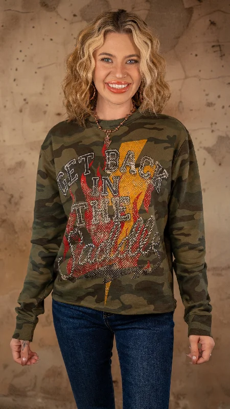 Get Back in the Saddle Camo Sweatshirt Hoodie with Rolled Sleeves Casual Relaxed