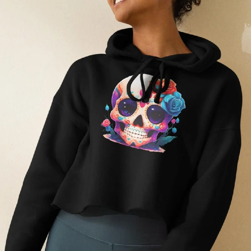 Get Ready to Rock With This Stylish Women's Skull Floral Long Sleeve Crop Hoodie! Hoodie with Velcro Closure Adjustable Secure