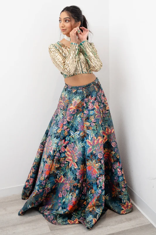 GISELLA Enchanted Floral Teal Lehenga Skirt velvet skirt rich