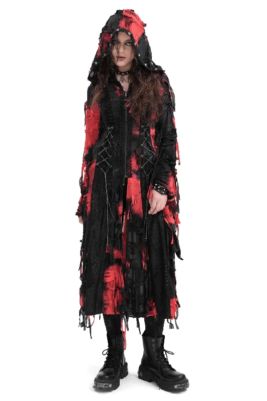 Gothic Red and Black Hooded Shredded Long Cape Hoodie with Longline Fit Extended Stylish