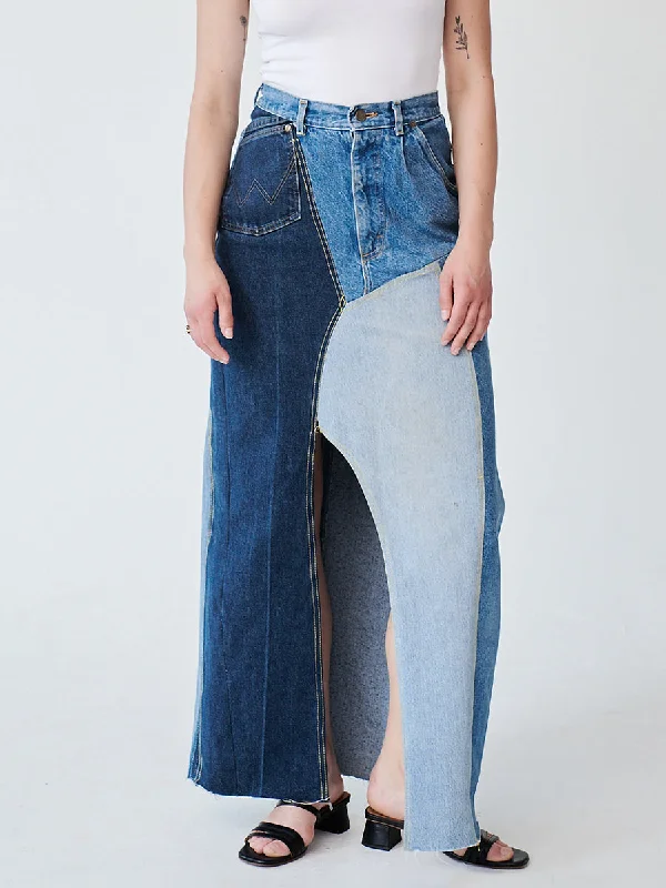 High Waisted Upcycled Patchwork Denim Long Skirt with Slit lace skirt delicate