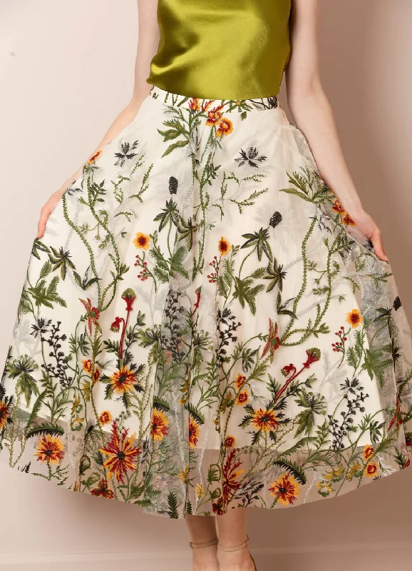 Jessie Liu Flared Skirt with Floral Embroidery lace skirt elegant