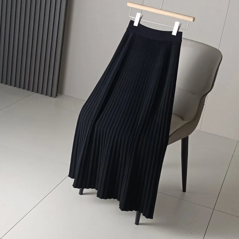 Knitted Mid Length Pleated Skirt cashmere skirt soft