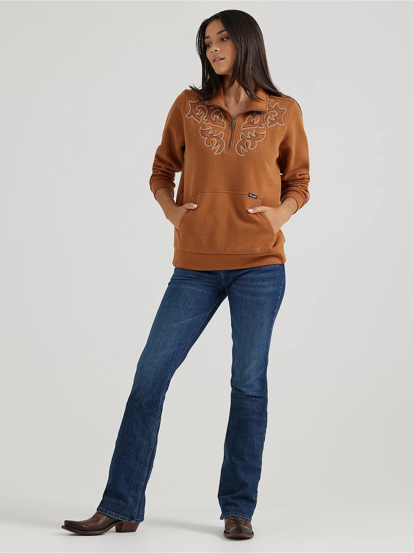 Ladies Wrangler Western Stitch Yoke Quarter Zip Sweatshirt - 112356689 Hoodie with Exposed Zipper Edgy Industrial