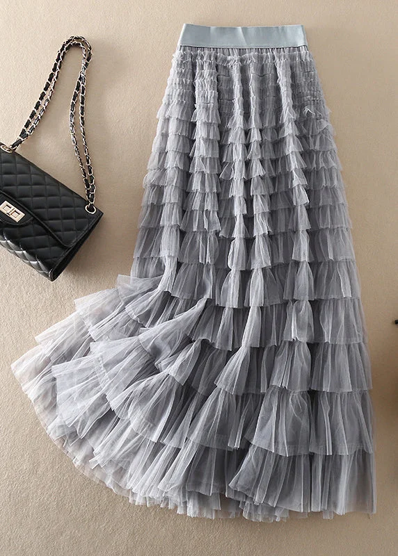 Loose Grey elastic waist Patchwork Tulle Skirt Spring leather skirt sleek