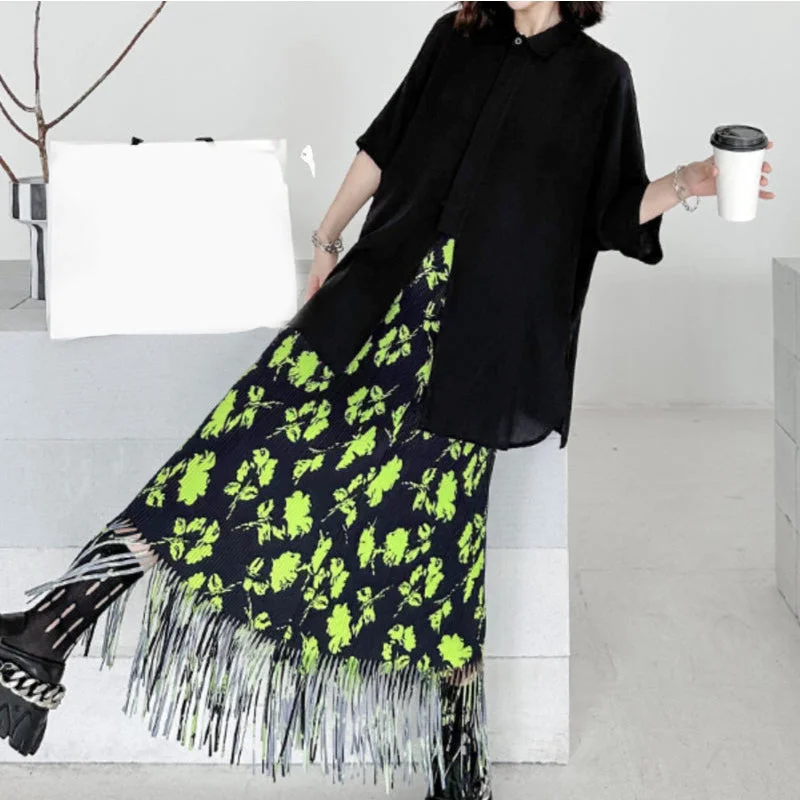 Loose Peated Printed Fringe Skirt velvet skirt rich