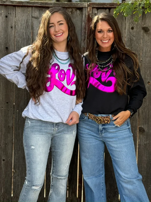 Texas True Threads Love in Metallic Pink Puff Sweatshirt Hoodie with Lace Feminine Delicate