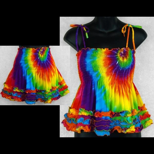 Luna's Rainbow Spiral Tie-Dye Ruffled Convertible Top/Skirt spandex blend skirt