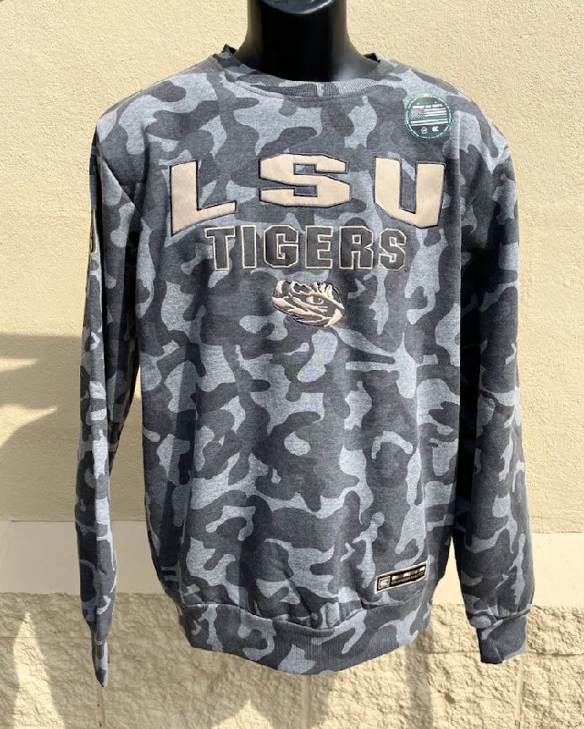 Men's Colosseum OTFC11326-LSU Louisiana State Coyote Crew Neck Sweatshirt Heather Combo Hoodie with Frayed Bohemian Relaxed