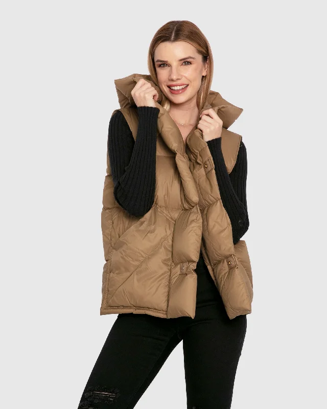 Over My Head Hooded Puffer Vest - Khaki Hoodie with Batwing Sleeves Loose Dramatic