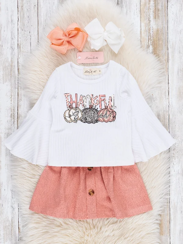 Peach Thankful Pumpkins Outfit w/ Corduroy Skirt pencil skirt chic