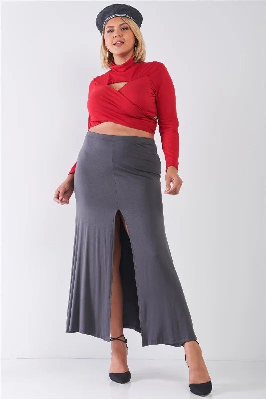 Plus Size Charcoal Basic Front Slit Maxi Skirt leather skirt sleek