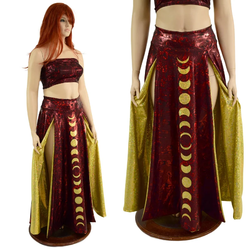 Primeval Red Double Split Skirt with Moon Phases and Gold Kaleidoscope Lining velvet skirt plush