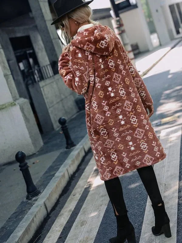 Printed Hooded Women Trench Coat Hoodie with Raglan Sleeves Sporty Comfortable