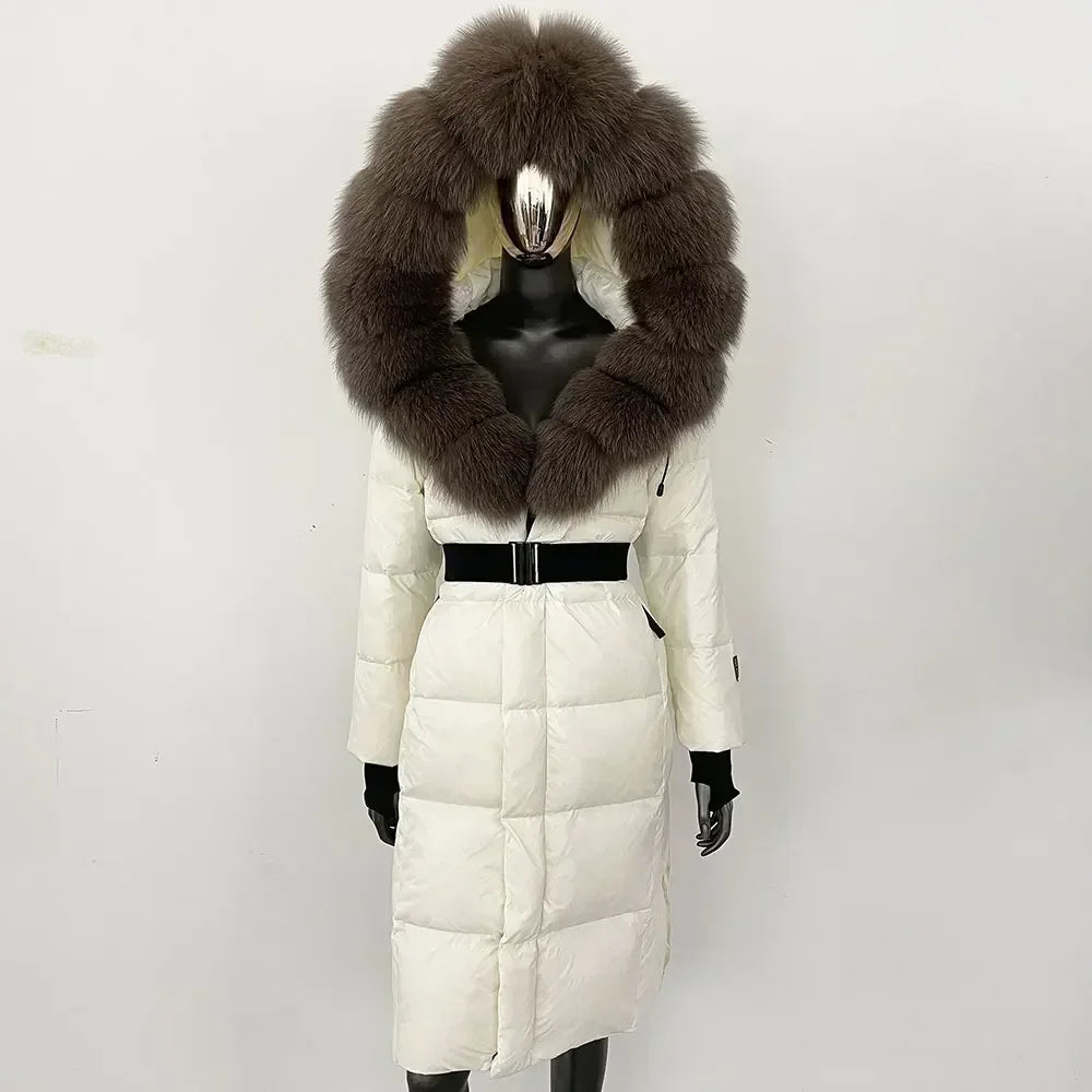 Real Fur Hooded X-long Duck Down Puffer Coats Hoodie with Snap Buttons Easy Quick