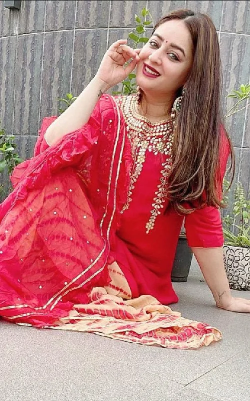 Mahi Vij Red Gota Patti Kurta and Shibori Skirt Set with Ruffle Chiffon Dupatta chiffon skirt airy