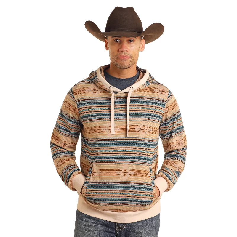 Rock & Roll Denim Aztec Jacquard Western Tan Hoodie BM94T05364 Hoodie with Drawstring Waist Adjustable Fitted