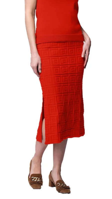 Sabrina Square Pattern Midi Straight Skirt; Bright Orange leather skirt modern
