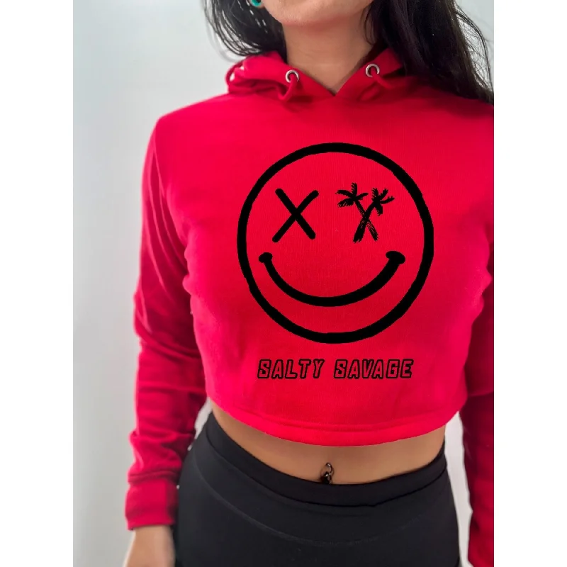 Salty Savage Ladies "Digital Spliced Smile" Cropped Hoodie Hoodie with Full-Zip Functional Layering