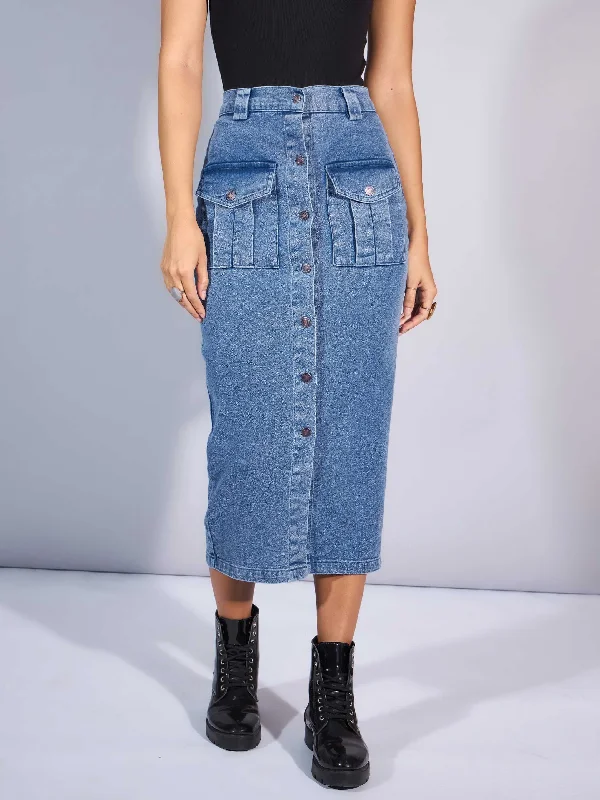 Women Blue Washed Denim Front Button Midi Skirt patchwork skirt art