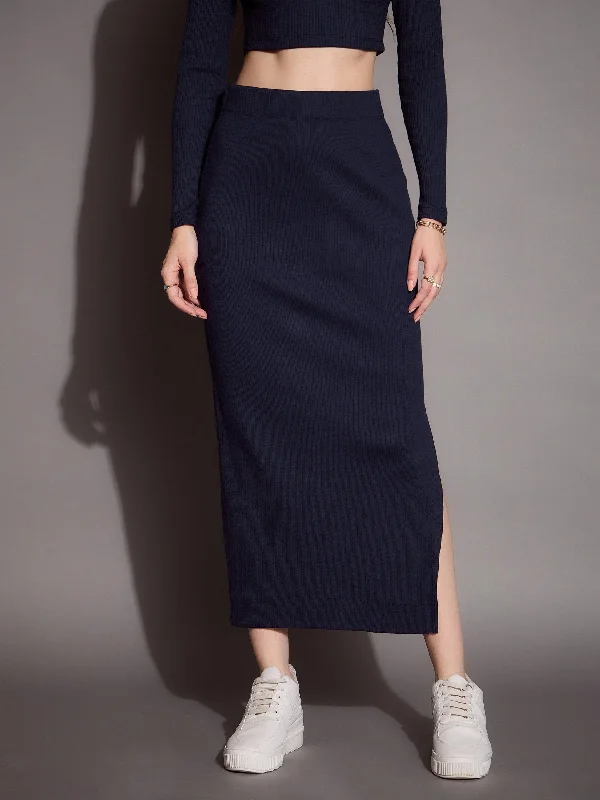 Women Navy Rib Pencil Skirt modal blend skirt