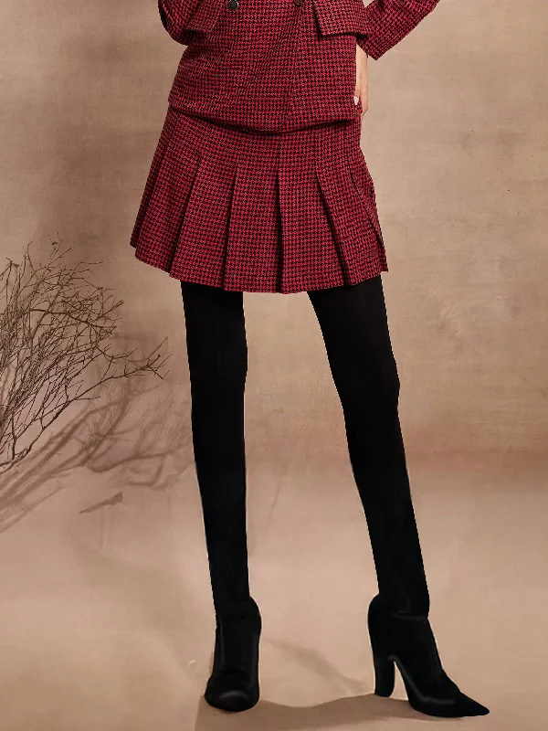 Women Red Houndstooth Check Pleated Mini Skirt silk skirt sleek