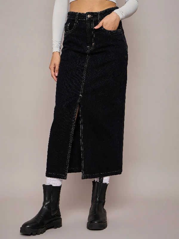 Women Black Denim Front Slit Midi Skirt pencil skirt chic