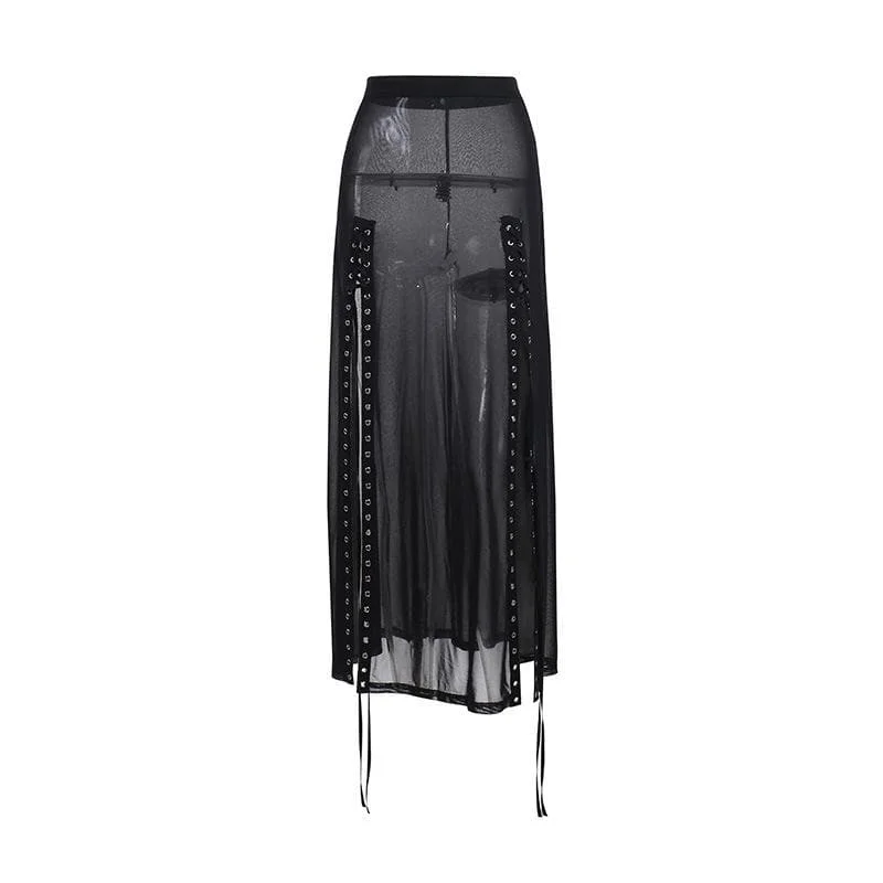 Sheer mesh see through lace up slit solid maxi skirt wool skirt breathable