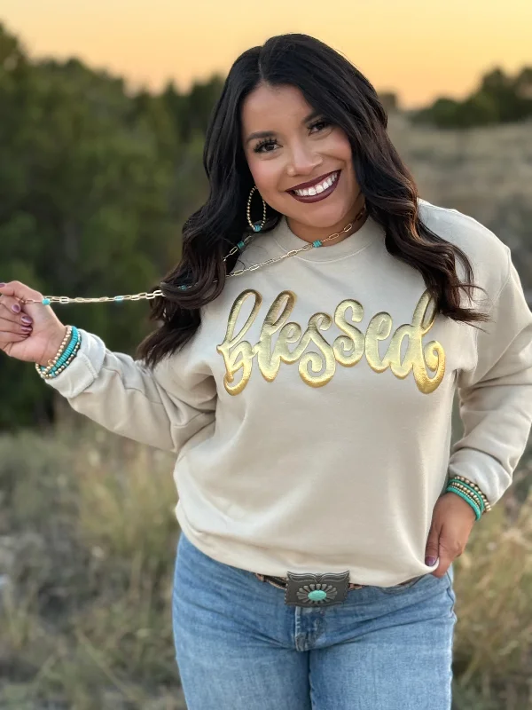 Texas True Threads Blessed in Gold Metallic Puff Sweatshirt Hoodie with Distressed Vintage Worn