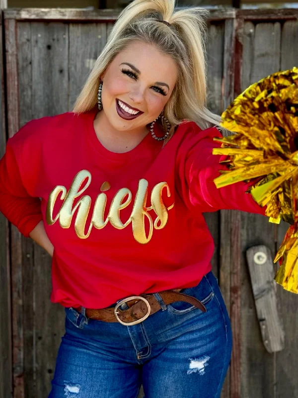 Texas True Threads Chiefs in Metallic Gold Red Sweatshirt Hoodie with Slit Hem Functional Movement