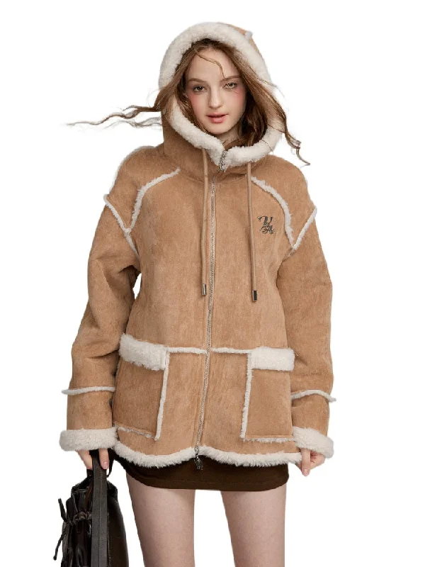 Thick Warm Faux Fur Hoodie Jacket Hoodie with Ribbed Cuffs Snug Fit Comfort