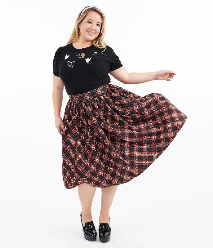 Unique Vintage Plus Size 1950s Black & Orange Plaid Gellar Swing Skirt athletic skirt fit