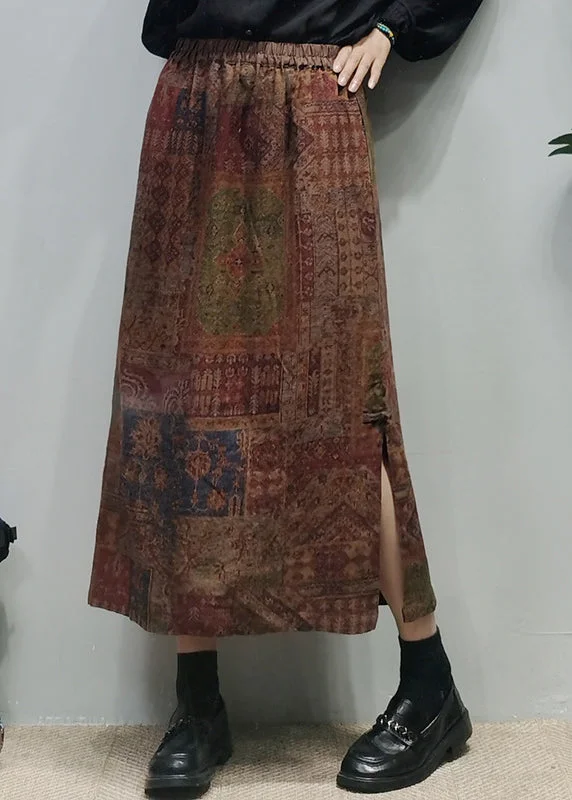 Vintage Chocolate elastic waist side open Linen A Line Skirt Spring denim skirt fashionable