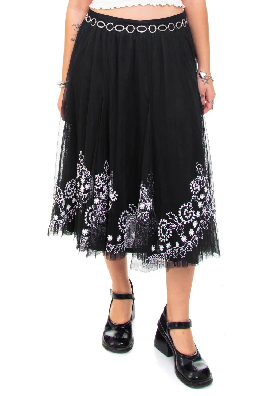 Vintage Y2K B&W Floral Embroidered Maxi Tuelle Skirt - L lace skirt intricate