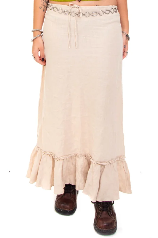Vintage Y2K Sandy Linen Ruffle Maxi Skirt - L linen skirt relaxed