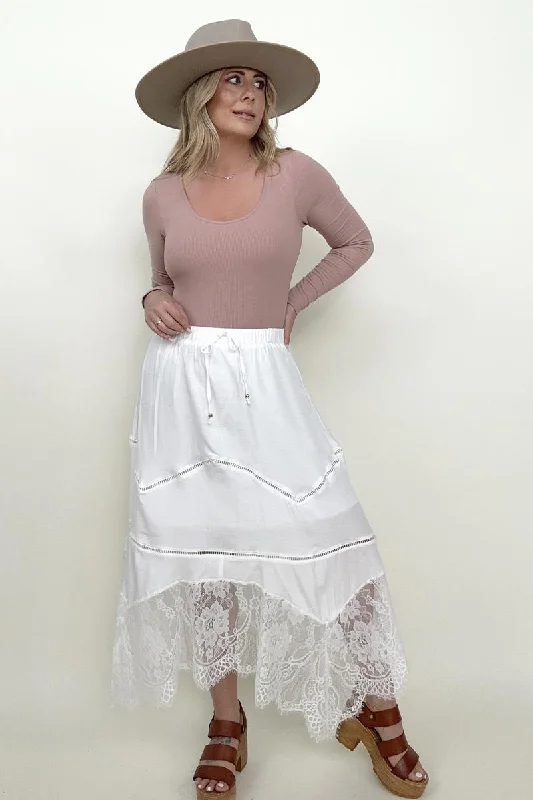 White Lace Asymmetrical Hem Maxi Skirt denim skirt stylish