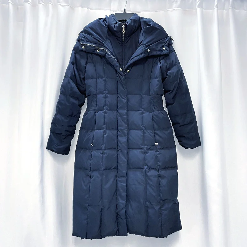 Wmns COLE HAAN Down Filled Navy Blue Long Hooded Quilted Long Puffer Coat Sz XS Hoodie with Mock Neck Collared Structured