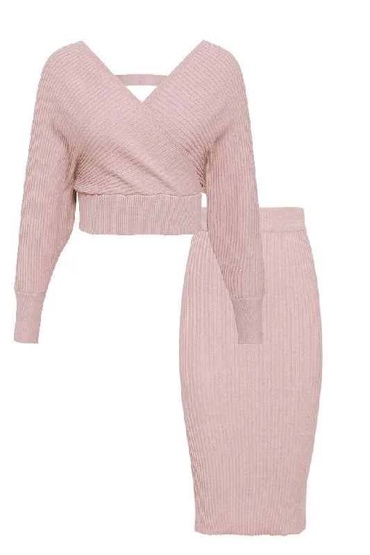 Felista Pink Top and Skirt Knitted Set corduroy skirt textured