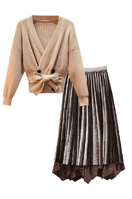 Felicia Beige Batwing Top and Gray Mesh Skirt Set button skirt front