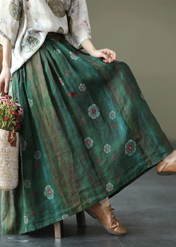 Bohemian Black flower Elastic Waist Print Linen Skirts Summer a-line skirt cut