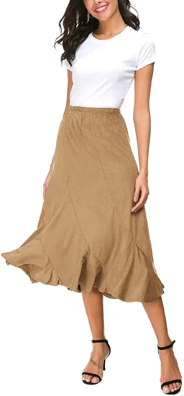 Women's Elegant Ankle Length Ruffle Hem Elastic Waist Midi Skirt modal blend skirt